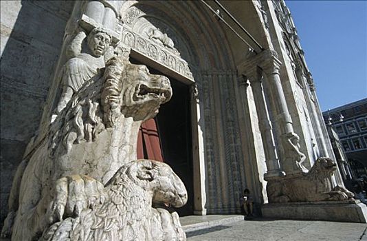 大教堂,圣乔治奥,西部,建筑,狮子,门口,费拉拉,艾米利亚罗马涅,意大利