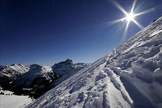 陡坡,逆光,阿尔卑斯山,奥地利,欧洲