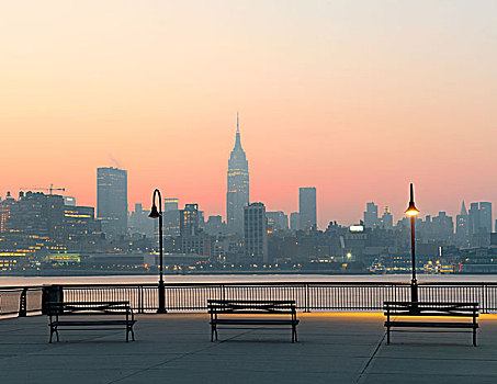 纽约,摩天大楼,剪影,水岸