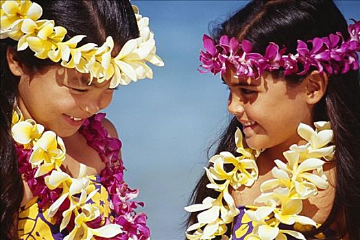 两个,孩子,夏威夷,女孩,穿,花环,面对面,海滩