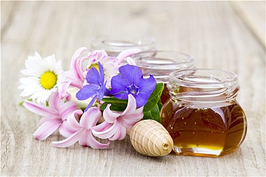 蜂蜜,花,舀蜜器,木质背景