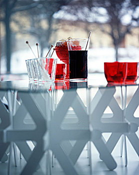 红色,白色,玻璃器皿,擦亮,桌面