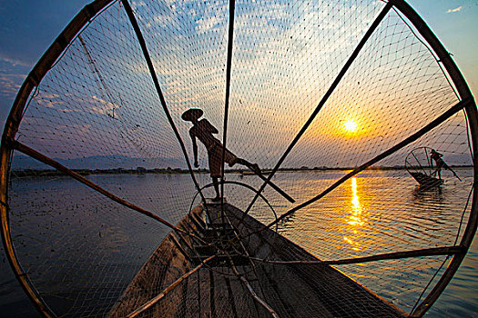 缅甸,茵莱湖,渔民,划船,日落,画廊