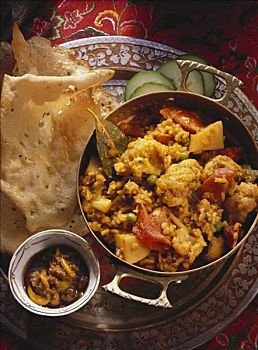 米饭,扁豆,炖菜,印度薄饼