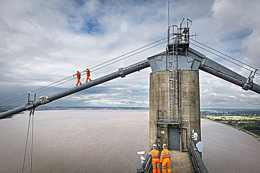 桥,工人,走,线缆,吊桥,英国,时间