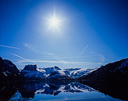 积雪,山脉,反射,峡湾,山腹,影子,挪威