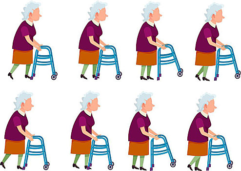 老太太,行走,简单,卡通,风格,收集,象征,退休,女性,不同,移动,紫色,背心,亮光,裙子,老人,动态,矢量