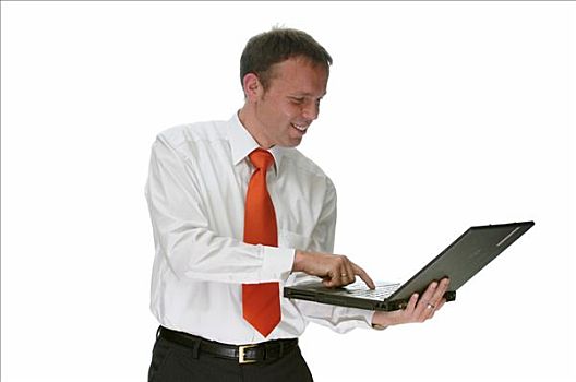 商务人士,穿,衬衫,红色,领带,工作,笔记本电脑