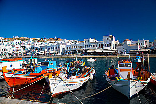 希腊,岛屿,米克诺斯岛,港口,城镇,彩色,渔船,停泊,小