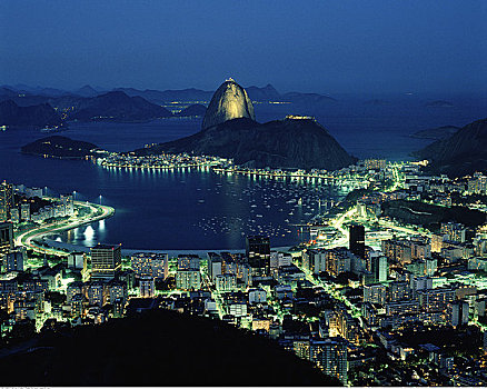 甜面包山,夜晚,湾,里约热内卢,巴西