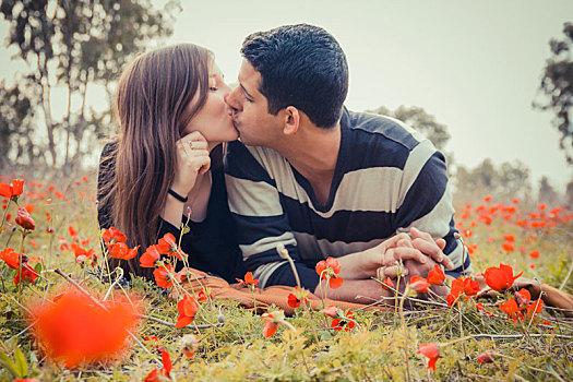 年轻,情侣,吻,躺着,草,地点,红罂粟