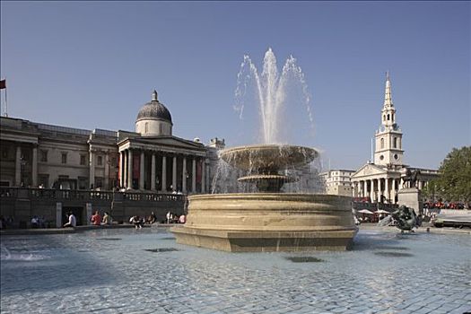 喷泉,国家美术馆,教堂,特拉法尔加广场,伦敦,英国,欧洲