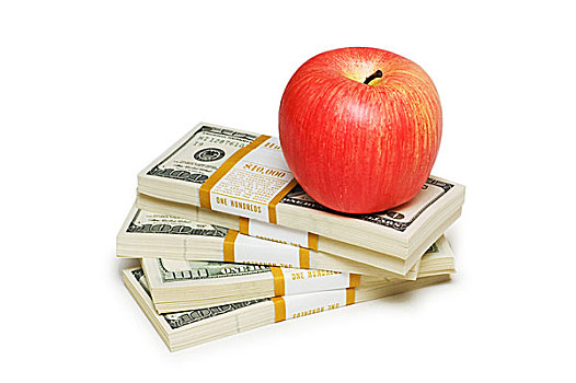 红苹果,美元,钞票,隔绝,白色