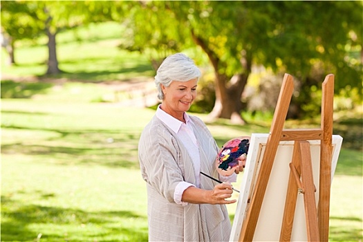 老年,女人,绘画,公园