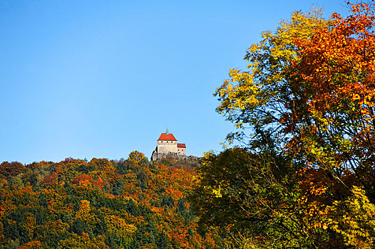 城堡,11世纪,秋日树林,风景,弗兰哥尼阶,瑞士,中间,弗兰克尼亚,巴伐利亚,德国,欧洲