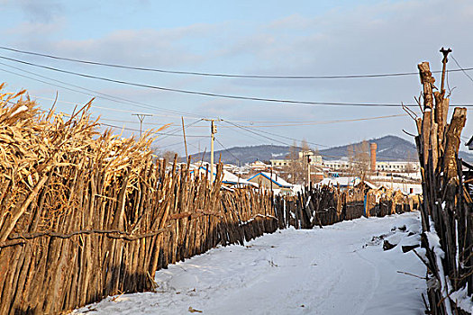 东北吉林省敦化市两江镇农村雪景