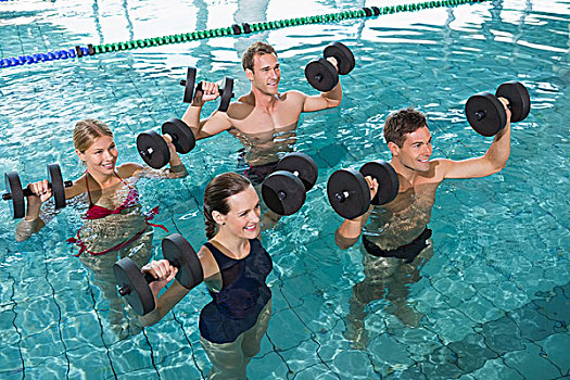 高兴,健身课,水,有氧运动,泡沫,哑铃