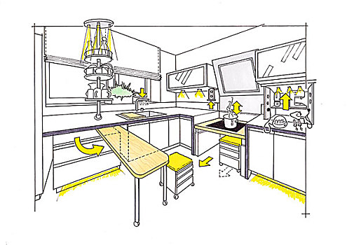 插画,厨房,厨房操作台,桌子,旋轴,水槽,炉子
