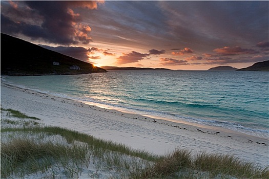 外赫布里底群岛,彩色,日出,上方,沙滩