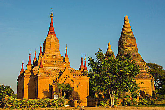 缅甸,蒲甘,红砖,庙宇,晚霞