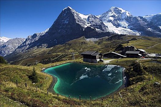 艾格尔峰,山,反射,人工湖,格林德威尔,伯恩高地,伯恩,瑞士