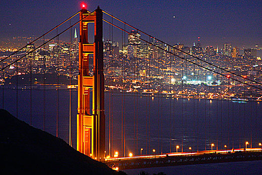 美国,加利福尼亚,金门大桥,夜晚,旧金山,远景