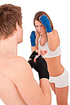 拳击,女青年,学习班,训练,指导,白色背景,手