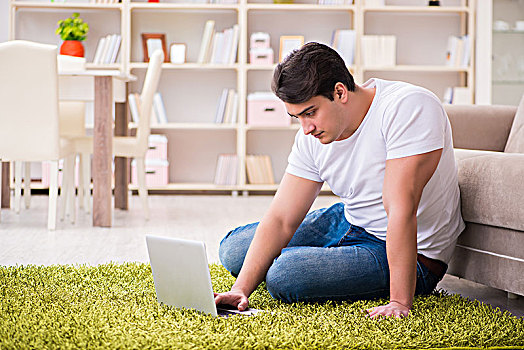 男人,工作,笔记本电脑,在家,地毯,地面