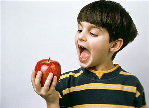 男孩,吃,红色,美味,苹果