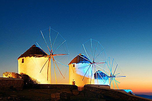 米克诺斯岛,风车,夜晚