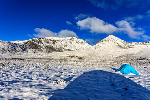 晴天雪山脚下的蓝色帐篷