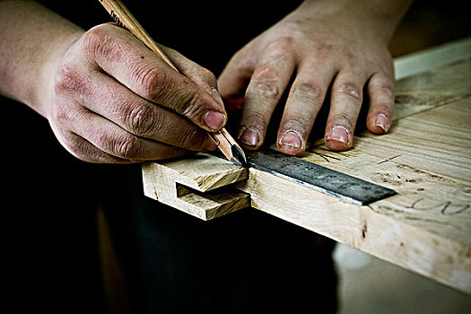 一个,男人,工作,木头,测量,角,尺子,铅笔