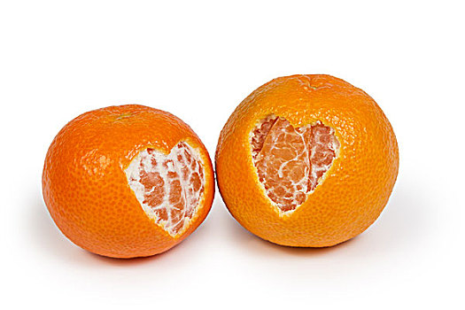 一对,柑橘,心形,隔绝,白色背景