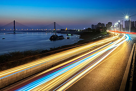 汽车,光轨,夜景,道路,江边