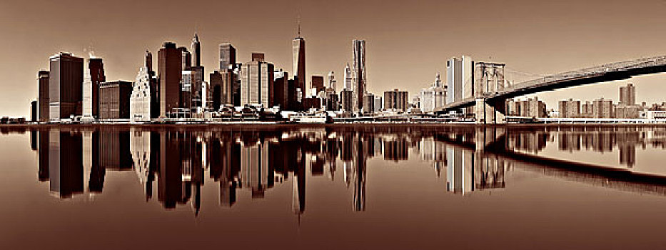 曼哈顿,金融区,摩天大楼,布鲁克林大桥,反射