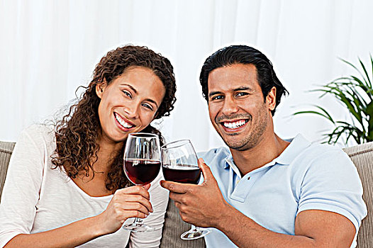 幸福伴侣,喝,红酒,坐,沙发,在家