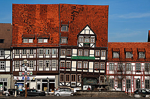 老,半木结构房屋,酒店,太阳,左边,奎德琳堡,萨克森安哈尔特,德国,欧洲