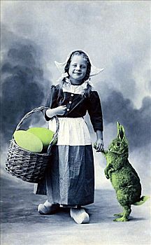 小,野兔,篮子,巨大,蛋,复活节,问候,明信片