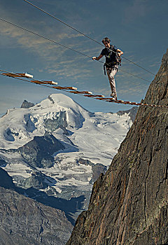 成年,雄性,攀登,脚步,线,索桥,瓦莱,瑞士
