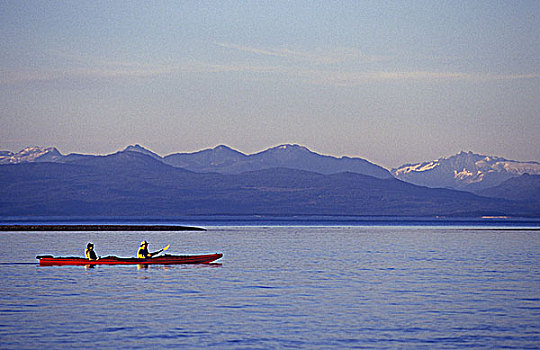 海滩,一对,皮筏艇,短桨,乔治亚,海峡,远景,晚间,温哥华岛,不列颠哥伦比亚省,加拿大