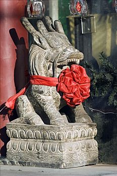 中国,北京,春节,石狮,雕塑,装饰,红丝带,新年