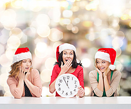 圣诞节,冬天,休假,时间,人,概念,微笑,女人,圣诞老人,帽子,钟表,上方,背景