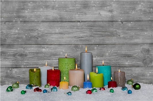 彩色,圣诞装饰,不同,蜡烛,灰色,白色,木质背景