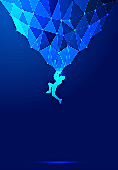 点线面构图攀岩插画,深蓝色科学技术抽象背景