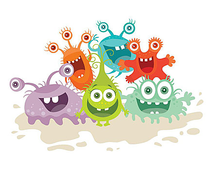 卡通,怪物,有趣,微笑,细菌,大眼睛,微生物,牙齿,张嘴,矢量,插画,设计,友好,病毒,脸