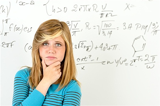 绝望,学生,女孩,正面,数学,黑板