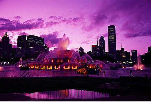白金汉,喷泉,黄昏,芝加哥,伊利诺斯,美国