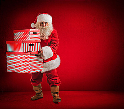 照相,亲切,圣诞老人,拿着,巨大,礼盒,看镜头,全身像