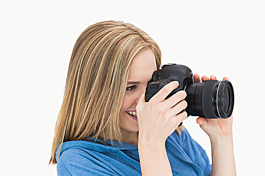 侧面视角,高兴,女性,摄影师,相机,上方,白色背景