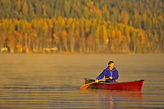 独木舟,平静,早晨,湖,蒙大拿